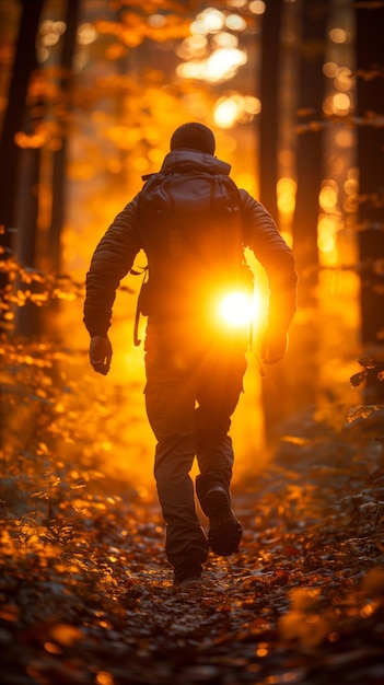 Un excursionista solitario en medio del bosque de otoño al atardecer