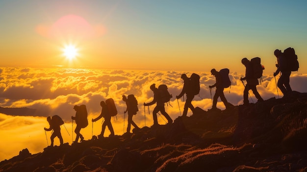 Foto los excursionistas al amanecer por encima de las nubes