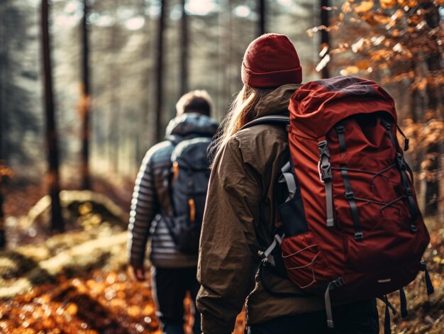 Excursionistas aventureros que exploran los bosques encantados con mochilas IA generativa