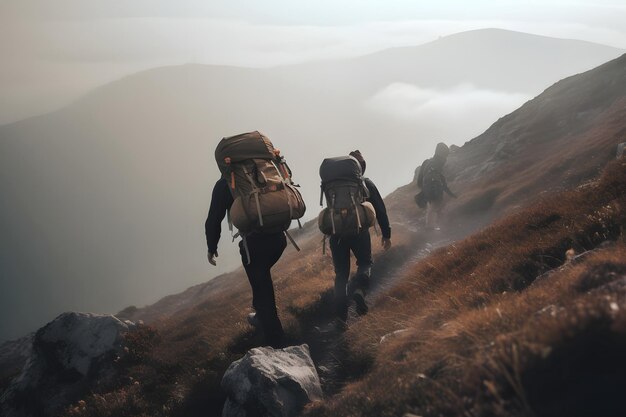 Excursionistas escalando en la montaña Concepto de riesgo y apoyo de ayuda Red neuronal generada en mayo de 2023 No se basa en ninguna escena o patrón de persona real