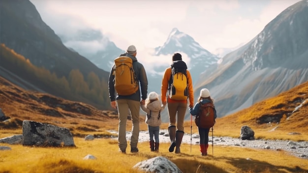 Excursionistas familiares con mochilas caminando por las montañas Concepto de viaje con niños IA generativa