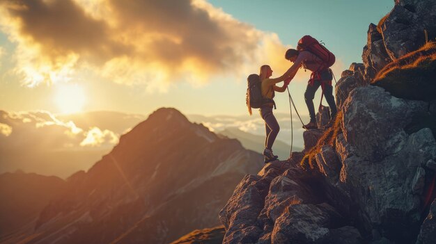 Excursionistas masculinos y femeninos trepando por el acantilado de la montaña y uno de ellos dando la mano a la gente ayudando y el concepto de trabajo en equipo