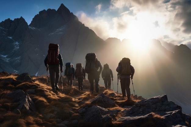 Foto excursionistas con mochilas y palos de trekking en las montañas al atardecer vista trasera de un guía de montaña que lidera un grupo de excursionistas ai generado