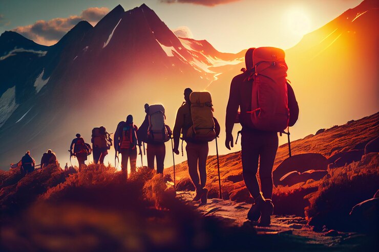 Excursionistas con mochilas en el sendero de las montañas al atardecergenerativo ai