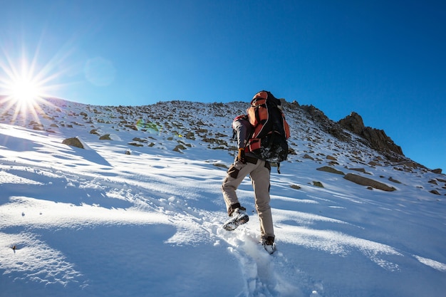 Excursionistas en las montañas de invierno