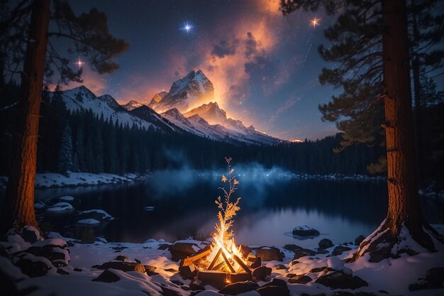 excursionistas sentados cerca de la fogata excursionando concepto de campamento la gente pasa el tiempo por la noche campamento de verano en la compañía de amigos del bosque