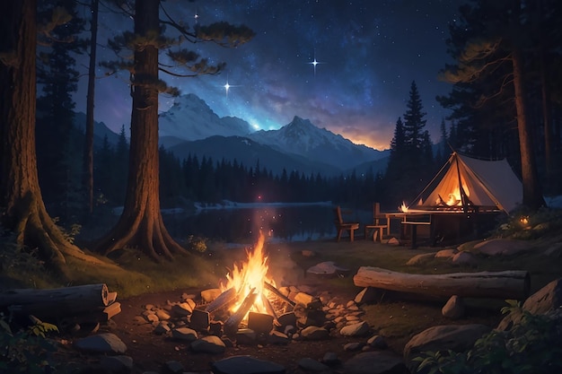 excursionistas sentados cerca de la fogata excursionando concepto de campamento la gente pasa el tiempo por la noche campamento de verano en la compañía de amigos del bosque