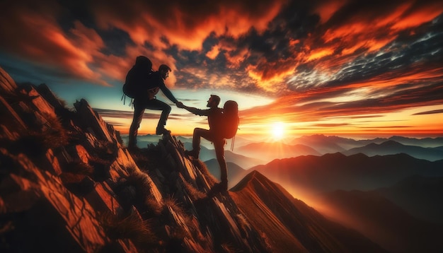 Foto los excursionistas siluetados se dan la mano en una escarpada cresta de la montaña contra el telón de fondo de un espectacular atardecer