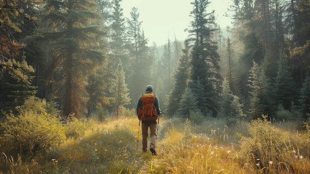 Los excursionistas en soledad en el bosque de niebla