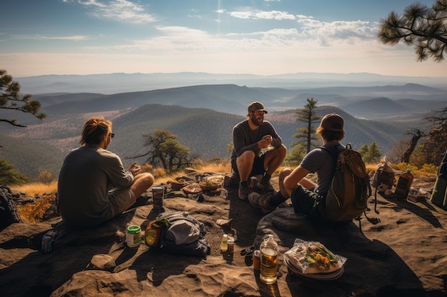 Excursionistas tomando un descanso en un afloramiento rocoso IA generativa