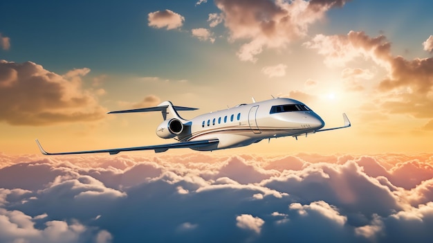 Executive Private Jet, der hoch im blauen Himmel fliegt, erzeugt von KI