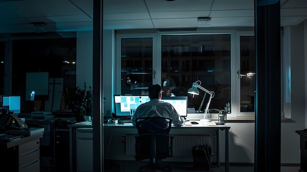 Executivo solitário a trabalhar no escritório escuro até tarde da noite a assumir responsabilidades