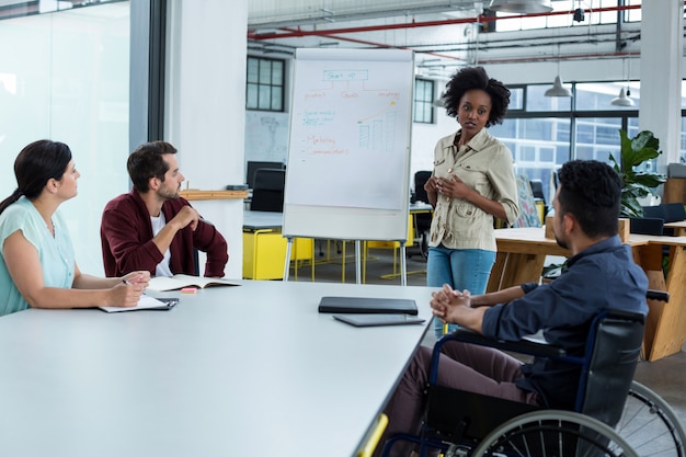 Executivos de negócios, discutindo sobre flip-chart durante reunião