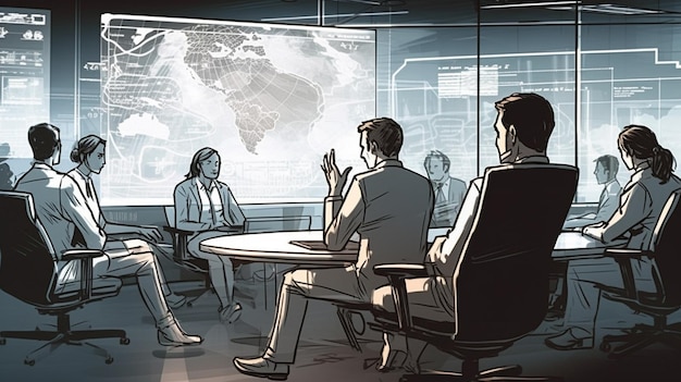 Executivos na sala de reunião com vista panorâmica da cidade ilustração 3D