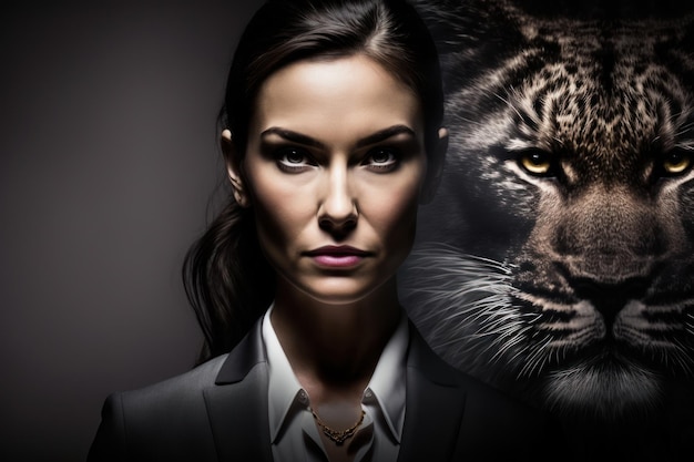 Exekutive Geschäftsfrau auf Tigerhintergrund, Kraft- und Stärkekonzept