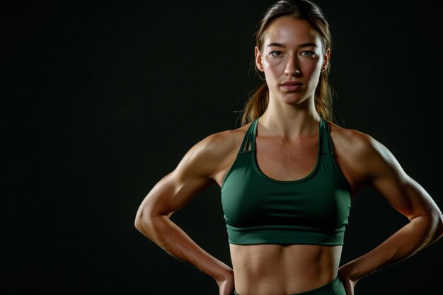 Foto exercício de fitness em roupas de ginásio músculo forte com as mãos na cintura