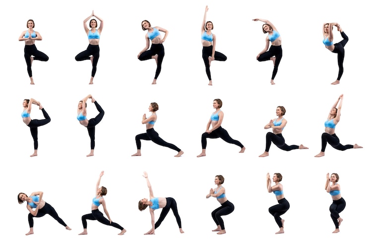 Foto exercício de meditação yoga em fundo isolado em alegria tiro de comprimento do corpo inteiro