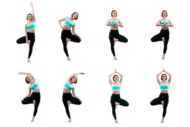 Foto exercício de meditação yoga em fundo isolado em alegria tiro de comprimento do corpo inteiro