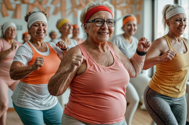 Exercício dinâmico Mulheres de meia-idade se unem para uma sessão de aeróbica promovendo o bem-estar juntas