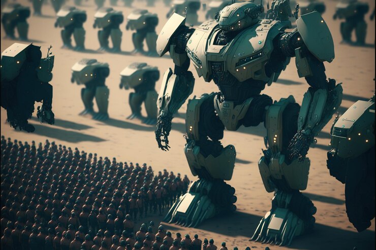 Foto exército futurista de ficção científica com mechs de batalha no campo
