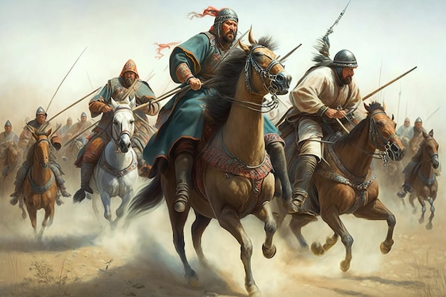 Exército mongol liderado por Genghis Khan Antiga cavalaria de soldados armados a cavalo Ilustração do histórico exército mongol em combate criado por IA generativa