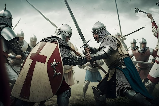 Exércitos de campo de batalha épico de cavaleiros medievais lutando com espadas Rede neural gerada por IA