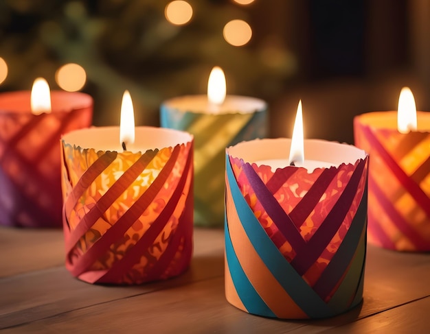 Foto exhibe soportes de velas caseros envueltos en papel multicolor vibrante