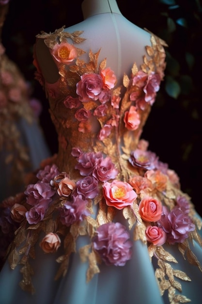 Se exhibe un vestido hecho de flores.