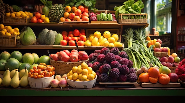 Se exhiben múltiples puestos de productos agrícolas, mientras que las frutas y verduras tienen un estilo de enfoque suave.