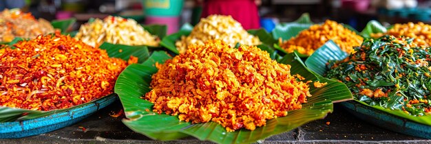 Foto una exhibición de alimentos, incluidas hojas de plátano de arroz y un recipiente rojo