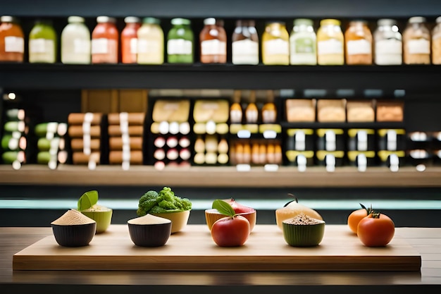 Foto una exhibición de alimentos, incluidas verduras y frutas y verduras.