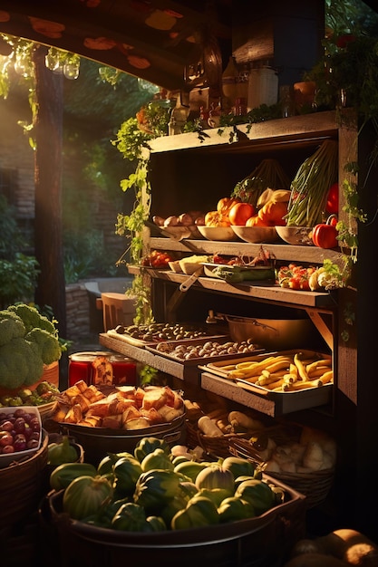 una exhibición de alimentos y verduras en una tienda