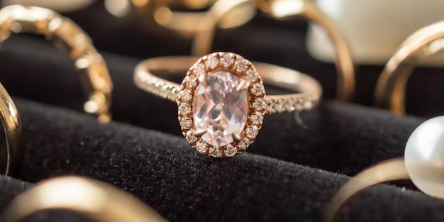 Exhibición de anillos de diamantes de joyería de oro en escaparate de exhibición de tienda minorista de lujo