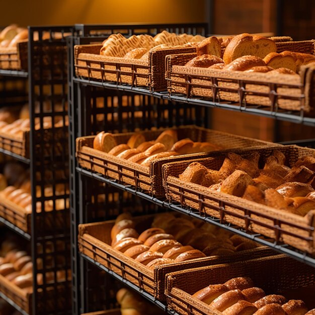 exhibición arafed de panes y pasteles en cestas en estantes ai generativo