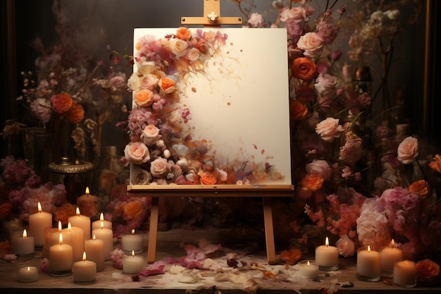 Exhibición Artística de un Lienzo en Blanco con Flores y Velas Ai Generativo