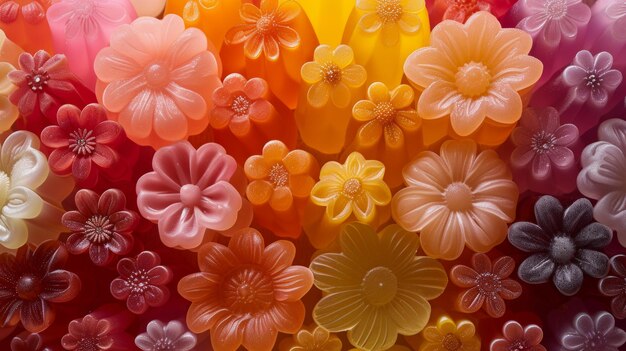 Una exhibición artística de moldes de gelatina en forma de flor que muestran detalles intrincados y colores vibrantes