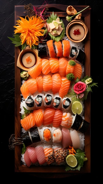 Foto una exhibición artística de una variedad de platos de sushi en un elegante entorno de comedor