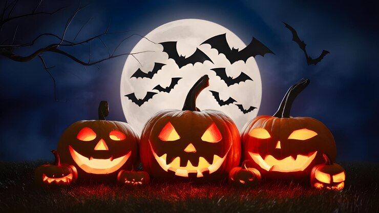 una exhibición de calabazas con la luna detrás de ellos