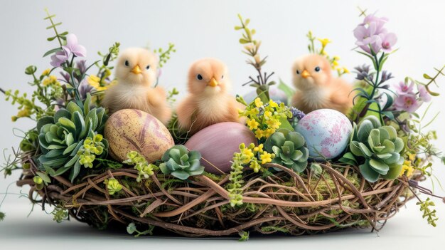 Foto una exhibición caprichosa de la canasta de pascua llena de huevos pastel y pollitos esponjosos