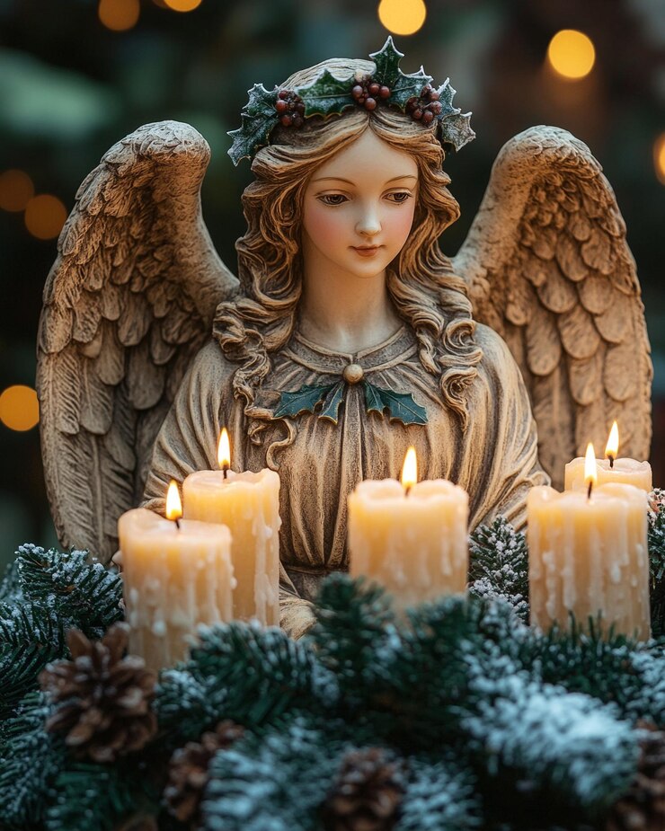 Exhibición celestial de Navidad con ángeles y velas