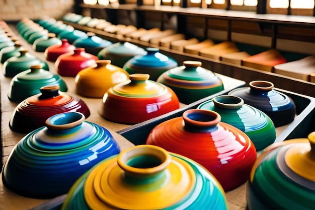 Una exhibición de cerámica colorida en una tienda.