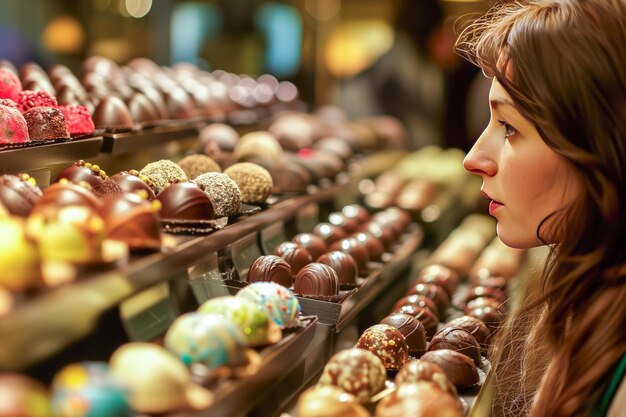 Foto entre una exhibición de chocolates gourmet una mujer con un diente dulce se maravilla del arte de cada regalo hecho a mano