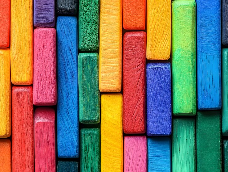 una exhibición colorida de bloques de madera con diferentes colores