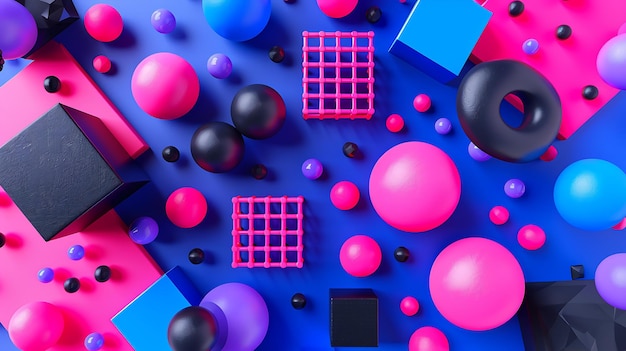 Foto una exhibición colorida de bolas de colores y un fondo azul con un cuadrado en el medio