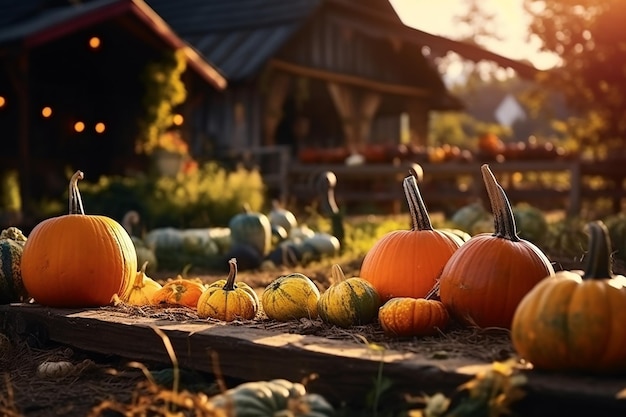 Una exhibición colorida de calabazas, calabazas y hojas sentadas en fila sobre un fondo de madera