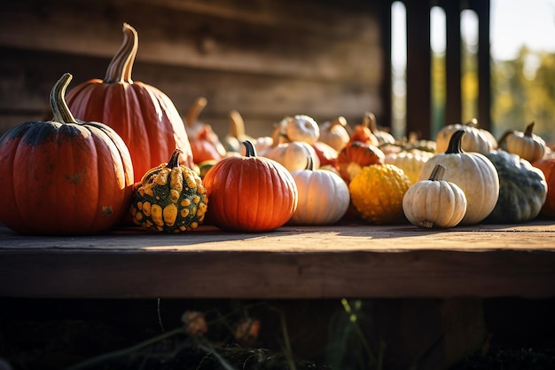 Una exhibición colorida de calabazas, calabazas y hojas sentadas en fila sobre un fondo de madera