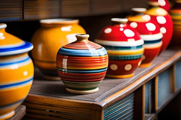 una exhibición colorida de cerámica de colores en un estante.