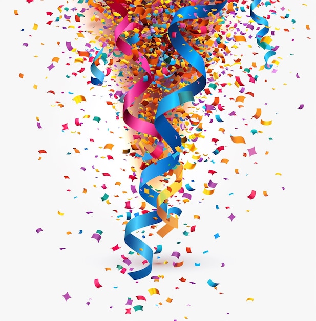 una exhibición colorida de confeti y rayas con un fondo blanco