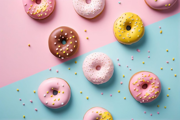 Una exhibición colorida de donas sobre un fondo rosa y azul.