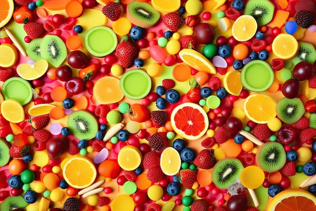 Una exhibición colorida de dulces que incluye una variedad de frutas.